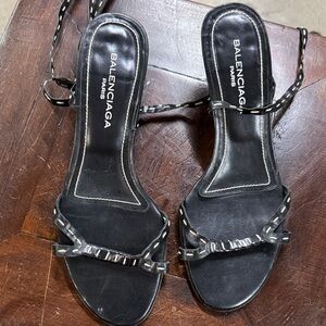 Balenciaga Black Leather Braided Strap Heeled Sandals